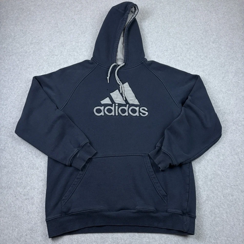 Adidas‎ Hoodie Mens Large Blue Embroidered Logo Distressed Grunge Pullover Y2K